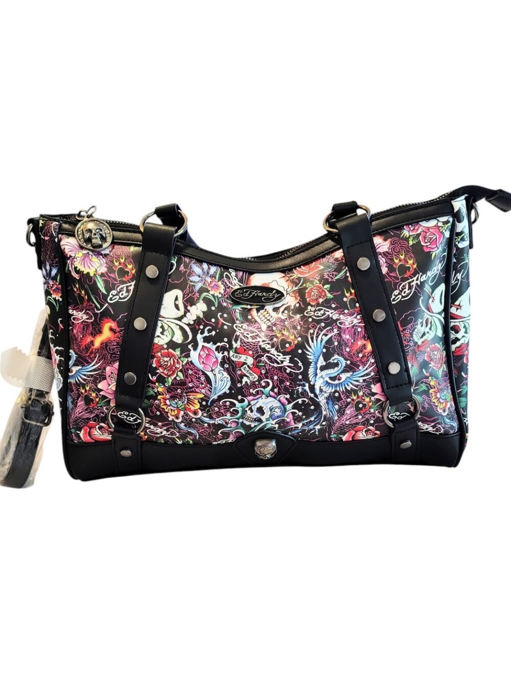 Ed Hardy Black Red Rhinestone Grunge Skull Tiger Rose Phoenix Tote Satchel